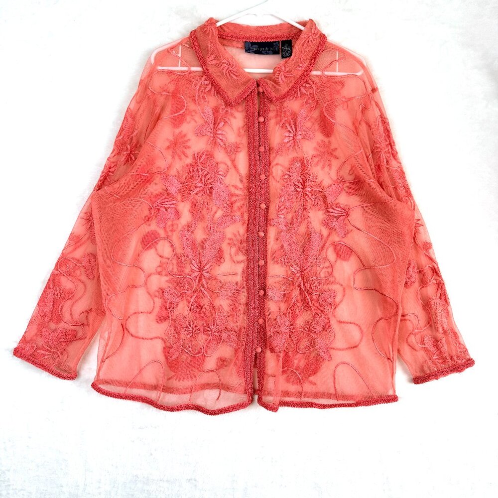 SUSAN GRAVER Mesh Sheer Embroidered Floral Boho Coquette Collared Tunic Blouse 2